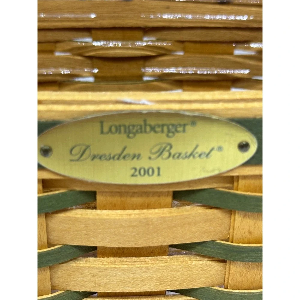 VTG Longaberger Dresden Basket 2001 Woven Wood Green Trim Small Handled Decor